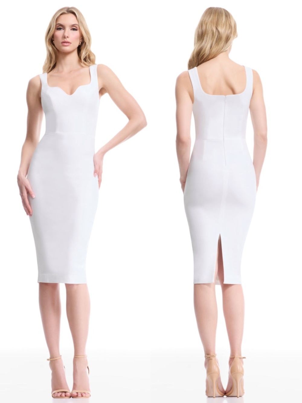NEW DRESS THE POPULATION Off White SLOAN Notched SLEEVELESS Sheath MIDI DRESS M